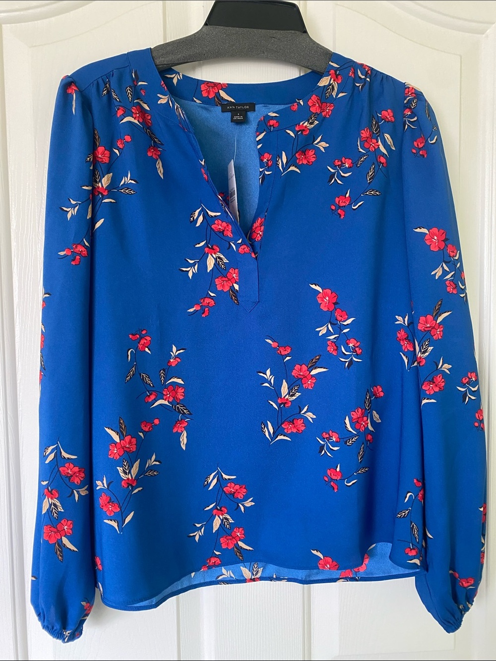 Ann Taylor Royal Blue Floral Split V-Neck Blouse